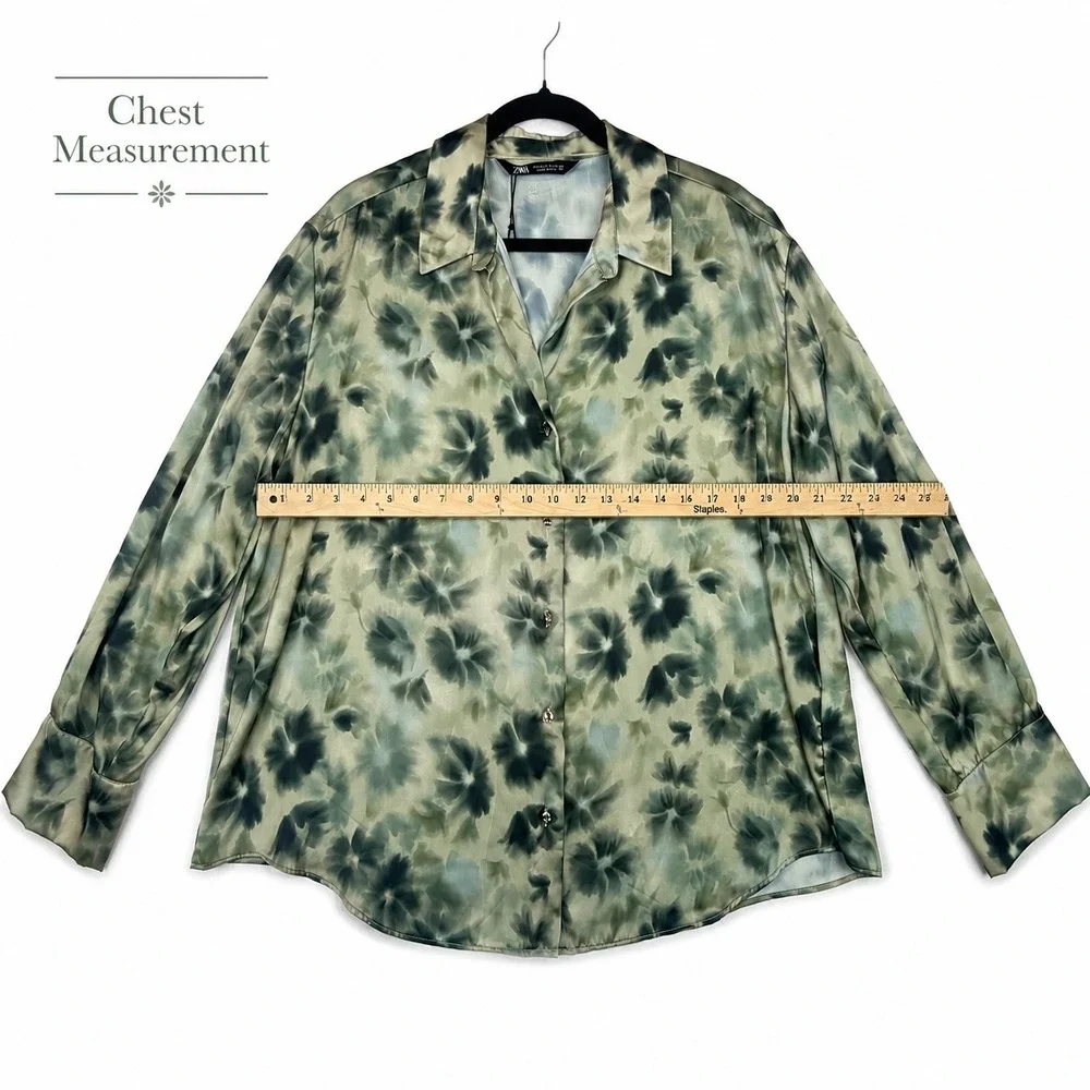 ZARA Green Floral Watercolor Satin Blouse Long Sleeve Button Up Shirt Top NNT